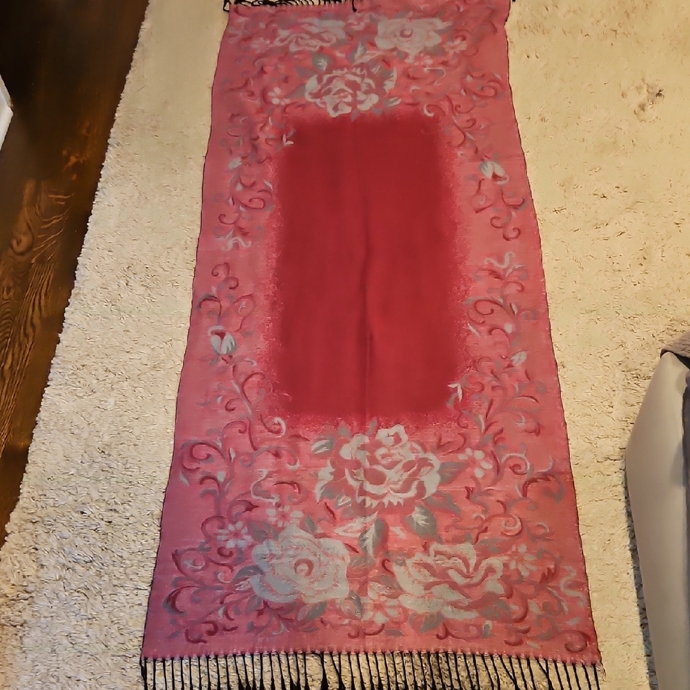Floral Pink and Gray Scarf/Shawl with Fringe